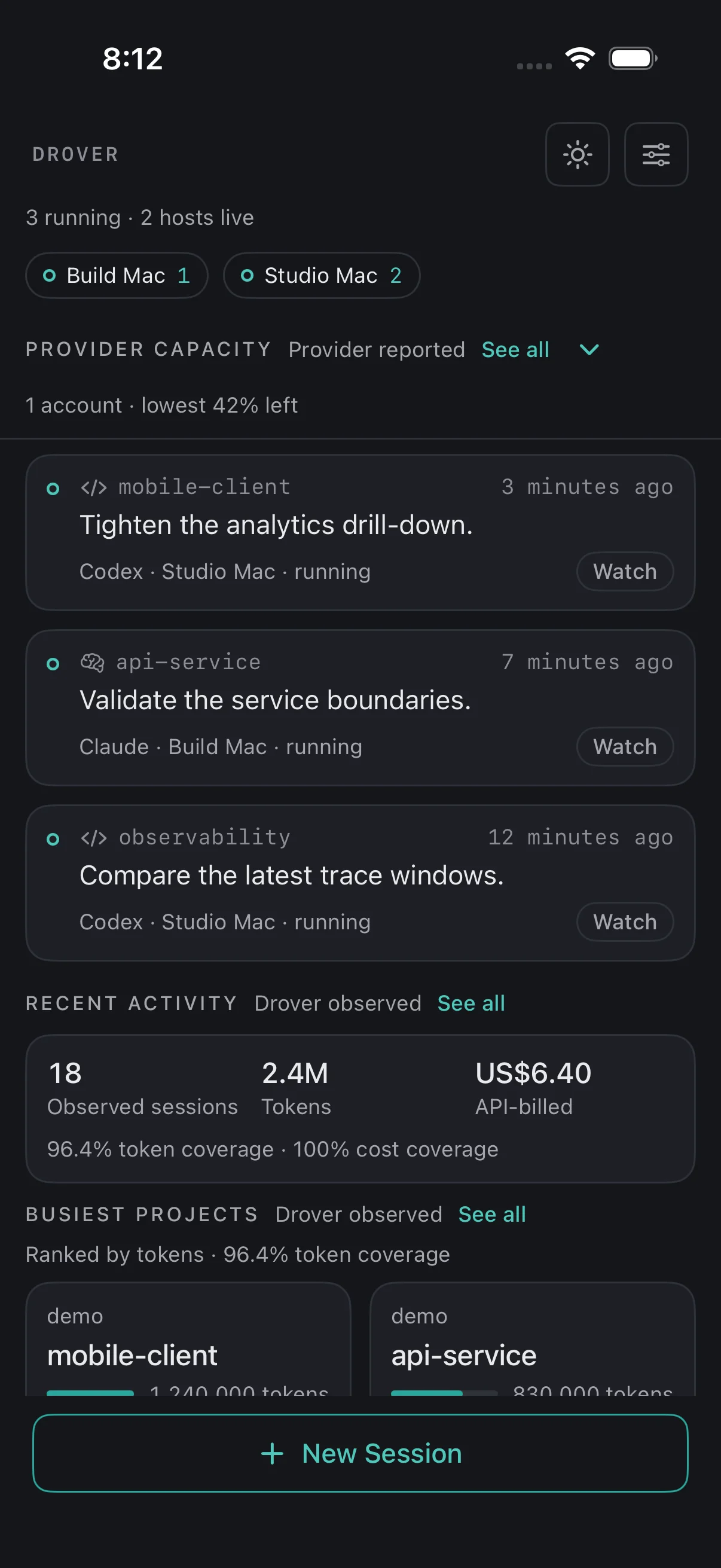 Drover fleet view with live sessions, provider capacity, observed usage, and projects