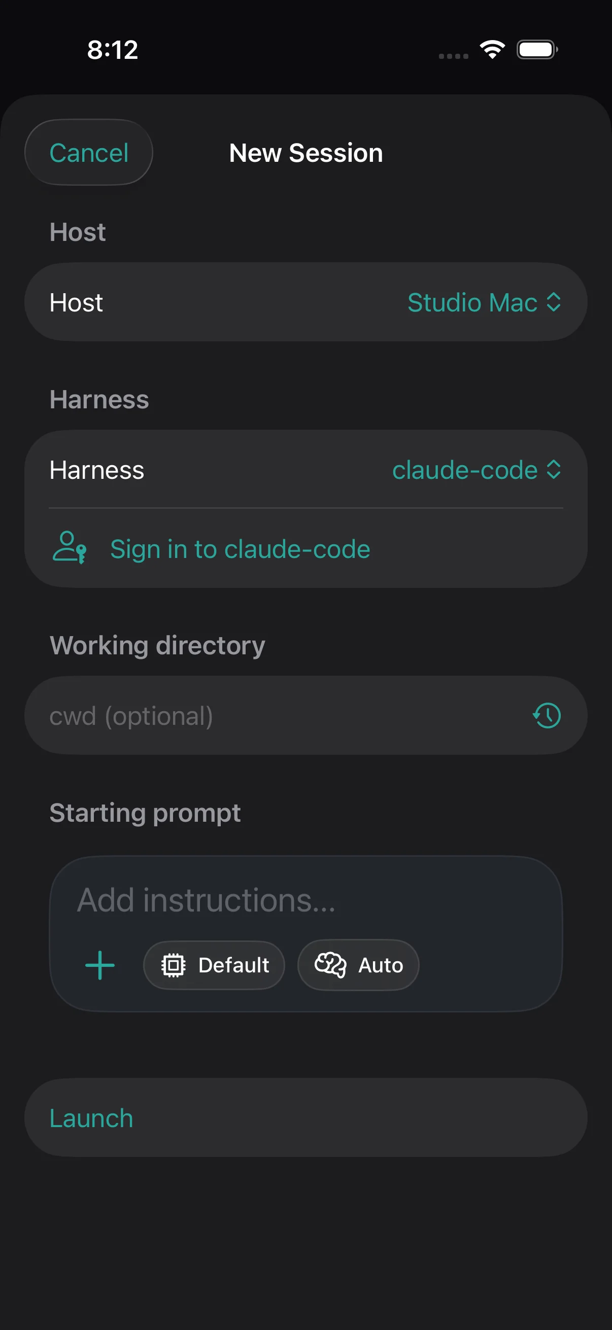 Drover new-session sheet with host, harness, working directory, model, and reasoning controls